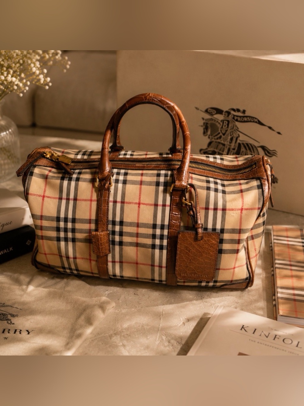 NewBurberry Check & alligator Leather Duffle Bag – Preowned, Excellent Condition